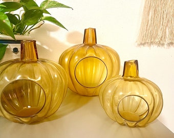 Vintage Glass Pumpkin Set - Thanksgiving / Halloween Decoration - Glass Pumpkin Set - 1970s Pumpkin Candle Set