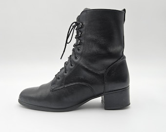 Black Leather Lace Up Chunk Heel Combat Boots - 8 - Women's Lace Up Ankle Boots 8 - Women's Leather Boots 8