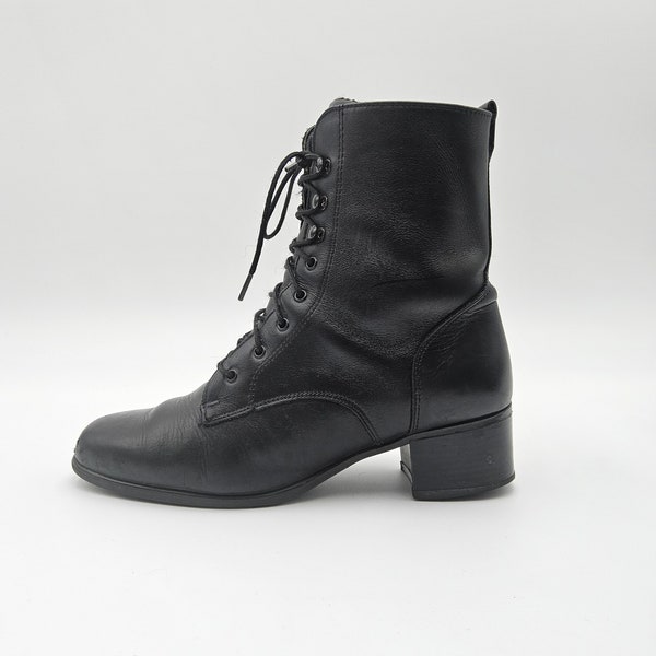 Black Leather Lace Up Chunk Heel Combat Boots - 8 - Women's Lace Up Ankle Boots 8 - Women's Leather Boots 8