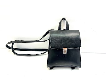 Vintage Black Leather Backpack - Mini Backpack -90s Leather Back Pack - Black Leather Small Satchel - Miniature Backpack