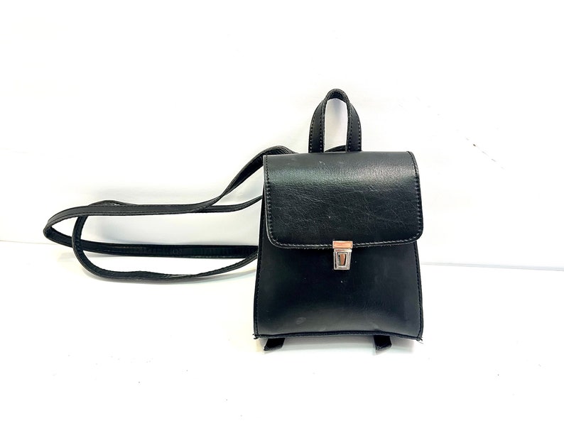 Vintage Black Leather Backpack Mini Backpack 90s Leather Back Pack Black Leather Small Satchel Miniature Backpack image 1