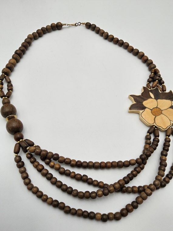 Boho Wood Beaded Floral Inlay Necklace - 1980s La… - image 3