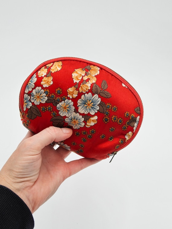 Asian Floral Coin Purse - Red Brocade Bag - 90s As