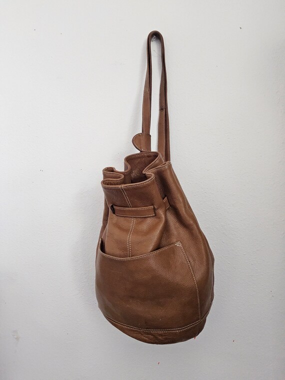 Brown Leather Bucket Bag Backpack - Saddle Leathe… - image 3