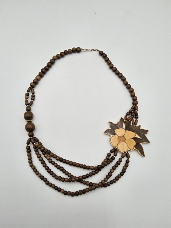 Boho Wood Beaded Floral Inlay Necklace - 1980s La… - image 6