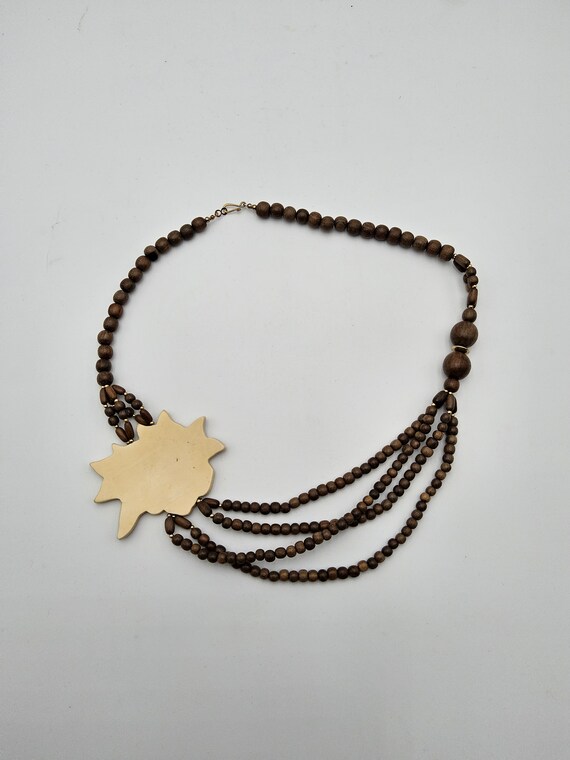 Boho Wood Beaded Floral Inlay Necklace - 1980s La… - image 2