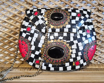 Vintage mosaic metal onyx chain strap bag - hand made metal ethnic stone bag - Hand Made boho bag - Mosaic clutch - metal onyx bag