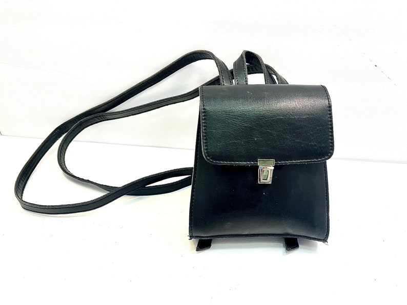 Vintage Black Leather Backpack Mini Backpack 90s Leather Back Pack Black Leather Small Satchel Miniature Backpack image 4