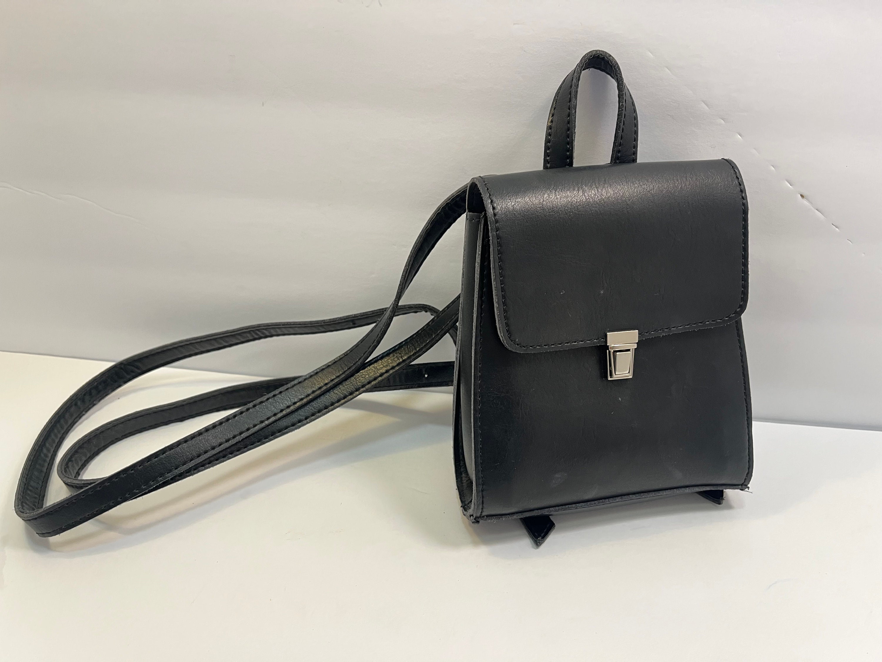 Vintage Black Leather Backpack Mini Backpack 90s Leather Back Pack ...
