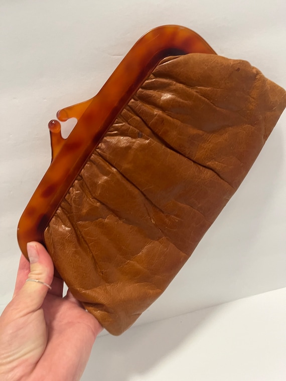 Brown Leather and Bakelite clutch - 1970s Leather… - image 1