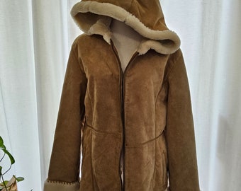 1970s Women's Leather and Fur Coat - Large Leather Suede Jacket - Beige Leather Suede Winter Jacket - Women's Leather Parka - Women's Large