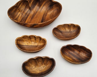 Mid Century Tiki Wood Salad Bowl Set - Monkey Pod Serving Set - Seashell Shaped Serving Set - Salad Bowl Set