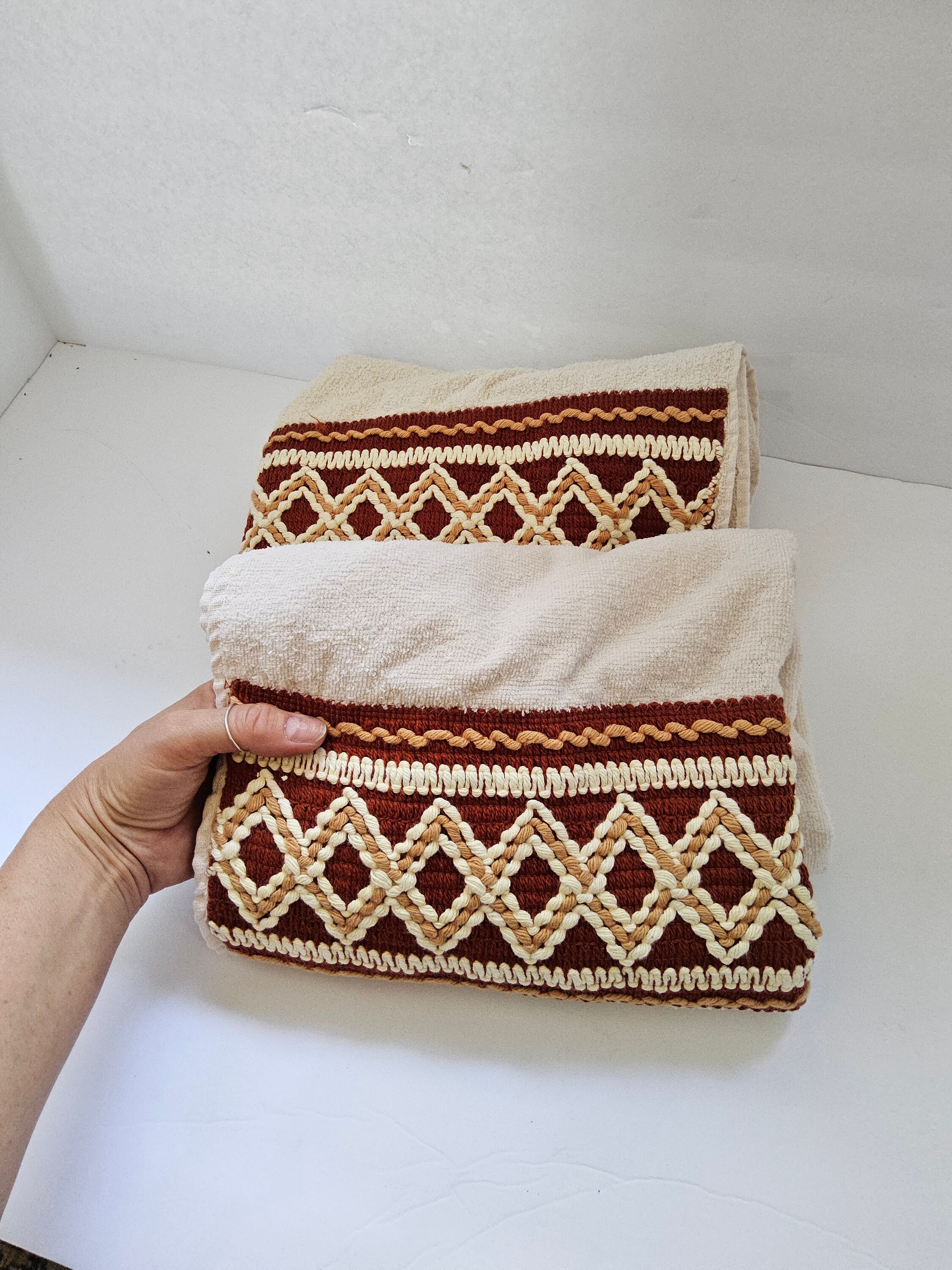 Vintage 1970s Woven Bohemian Bath Towels Set of Vintage Boho Towels