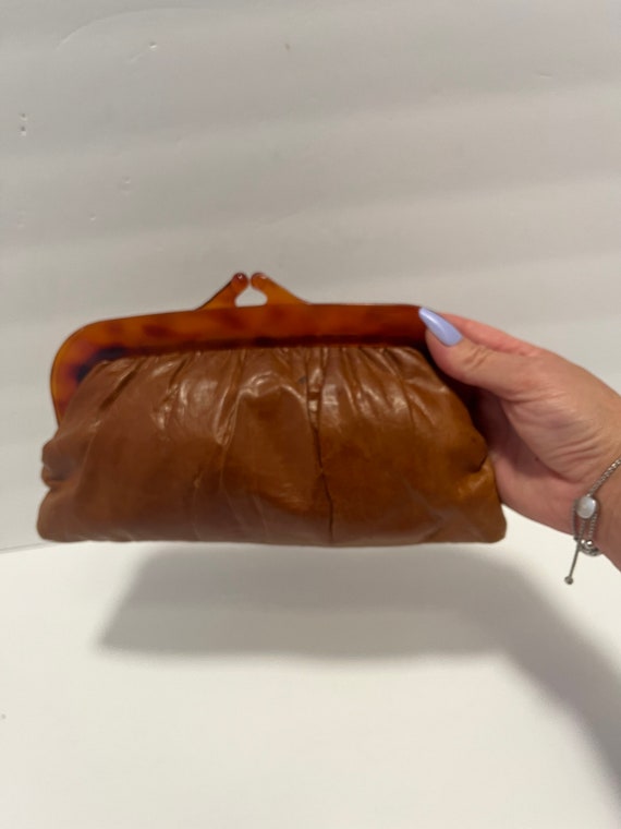 Brown Leather and Bakelite clutch - 1970s Leather… - image 5
