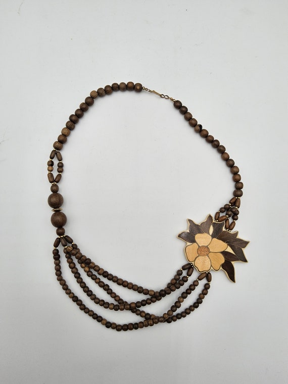 Boho Wood Beaded Floral Inlay Necklace - 1980s La… - image 7