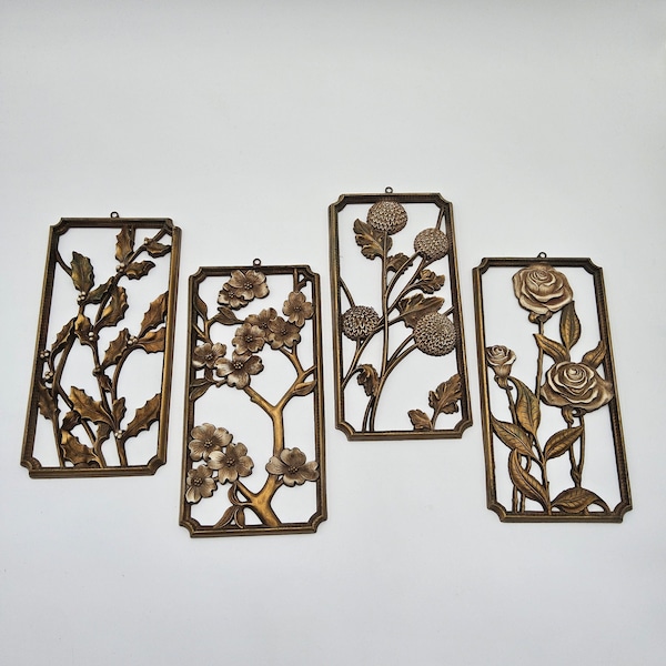 Gold MCM Floral Wall Hanging Art Set - Syroco Floral Wall Art - Large Wall Hangings - Gold Filagree