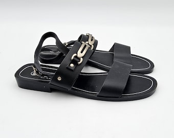 Y2K Black Leather Summer Sandals 8 - Leather Slingback Sandles with Silver Buckles 8 - Strappy Flat Sandals 8