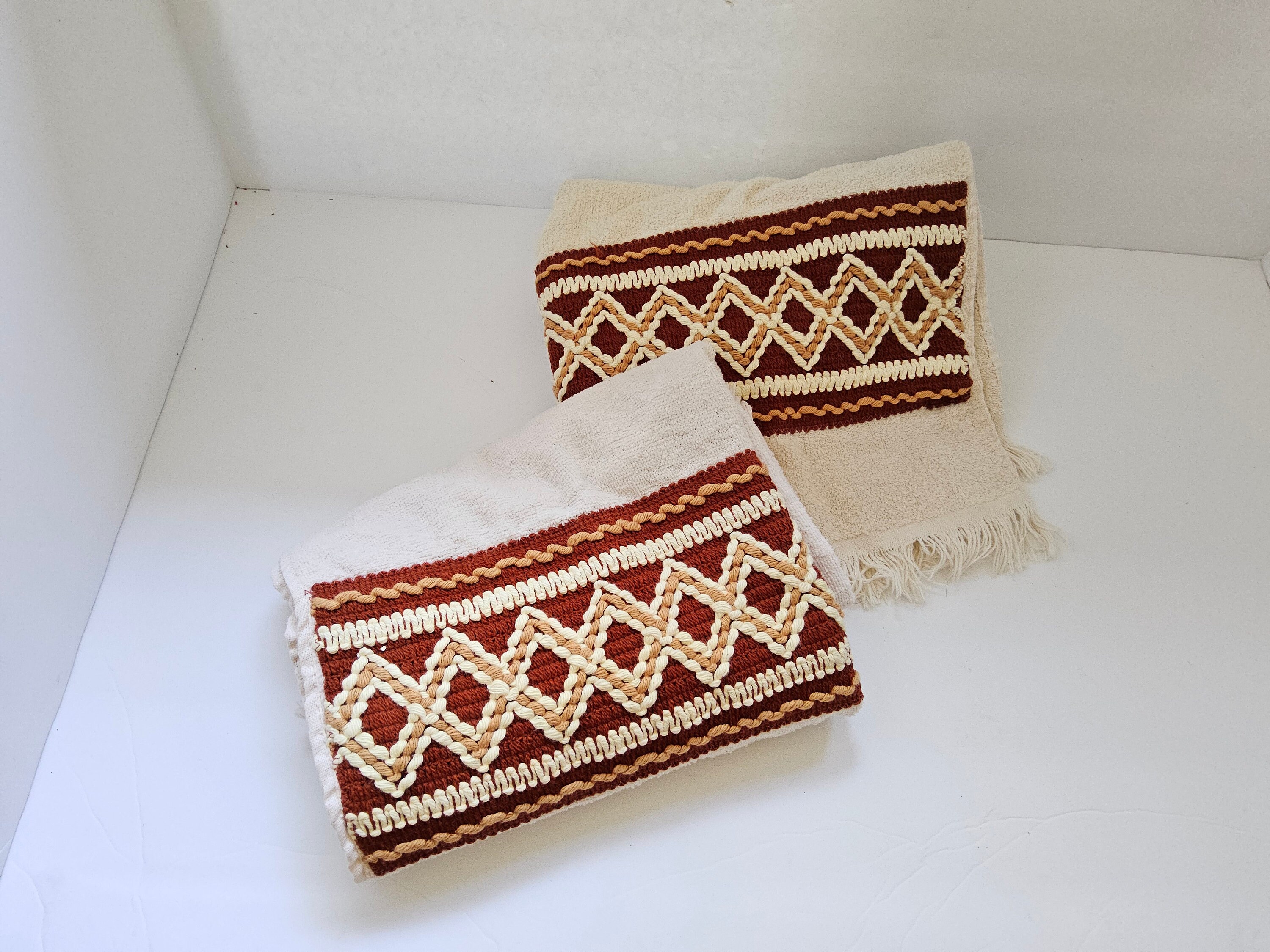 Vintage 1970s Woven Bohemian Bath Towels Set of Vintage Boho Towels