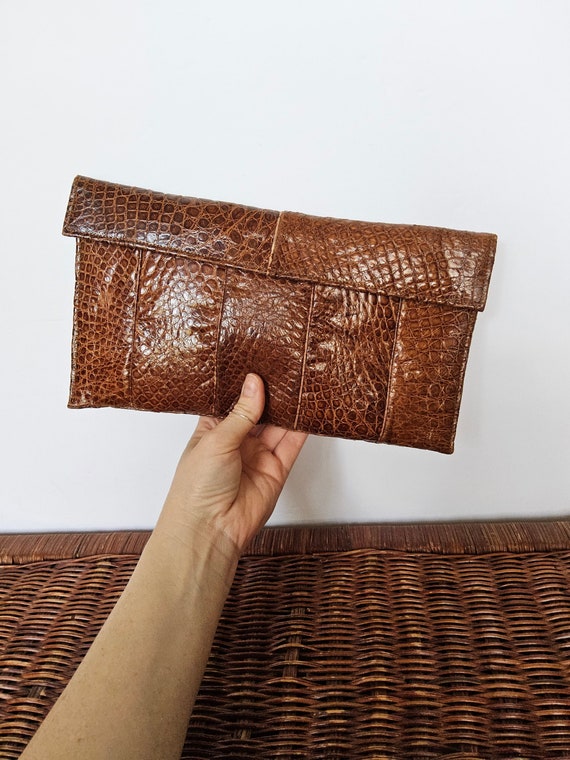 1970s Snake Skin Leather Clutch - Reptile Handbag 