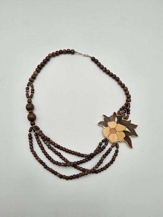 Boho Wood Beaded Floral Inlay Necklace - 1980s La… - image 1