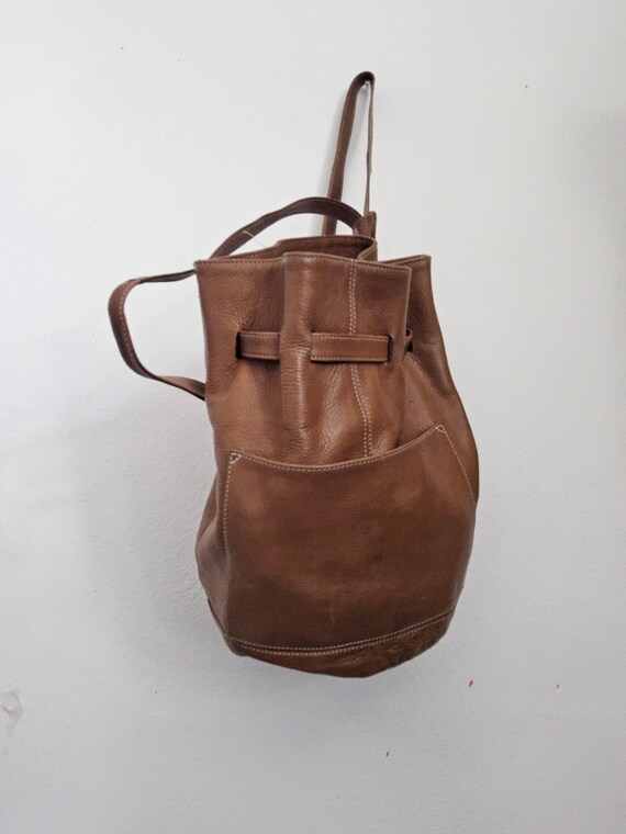 Brown Leather Bucket Bag Backpack - Saddle Leathe… - image 5
