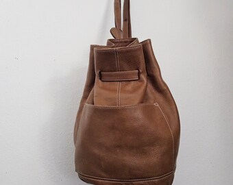 Brown Leather Bucket Bag Backpack - Saddle Leather Bucket Bag - 90s Leather Backpack - Brown Leather Bucket Bag - Cinch top Festival Bag