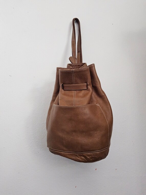 Brown Leather Bucket Bag Backpack - Saddle Leathe… - image 1