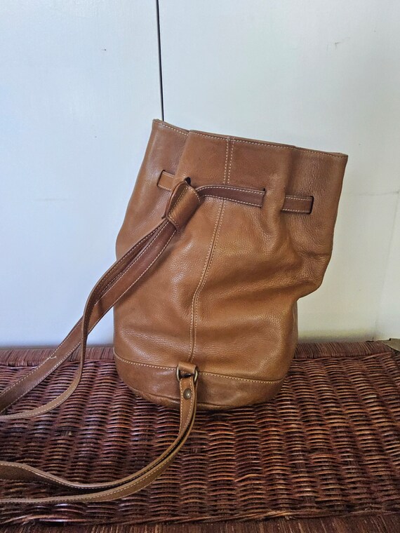 Brown Leather Bucket Bag Backpack - Saddle Leathe… - image 7