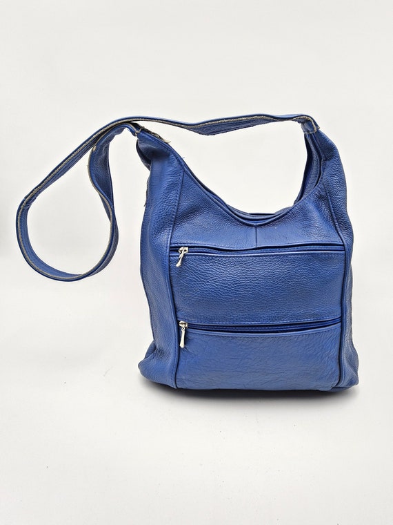 1980s Blue Leather Shoulder Bag - Large Leather Sa