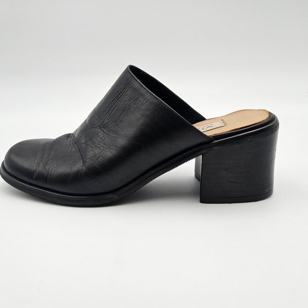 90s Black Leather Clogs 8 - Leather Platform Mules 8 - Slip On Leather Clogs