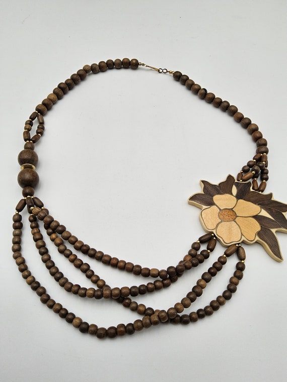 Boho Wood Beaded Floral Inlay Necklace - 1980s La… - image 5
