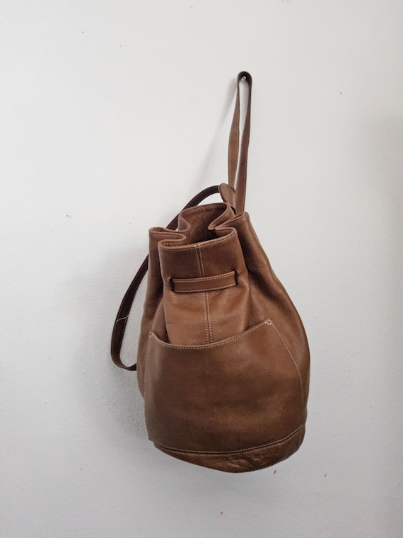 Brown Leather Bucket Bag Backpack - Saddle Leathe… - image 2
