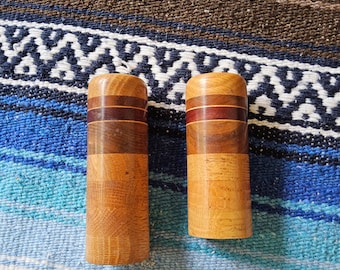 Mid century wooden salt and pepper shakers - Bohemian striped assymetrical salt and pepper shakers - 70s Wooden Salt and Pepper Shakers