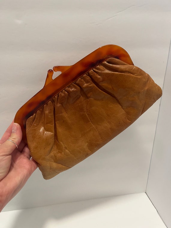 Brown Leather and Bakelite clutch - 1970s Leather… - image 3