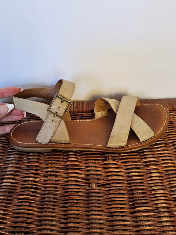 Womens Beige Leather Sandals 8 - Tan Leather Flat 