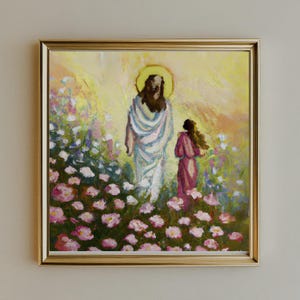 Paseo por el jardín celestial con Jesús / Arte mural cristiano mormón / Arte religioso floral inspirador / Descarga digital / Decoración cristiana para el hogar