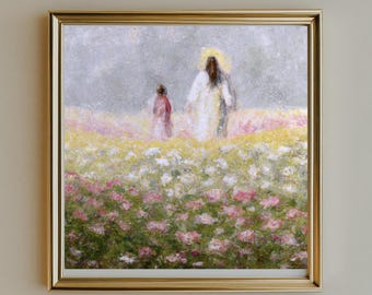 Impressionist Farmhouse Jesus Art | LDS Inspirational Christian Wall Decor | Floral Religious Digital Download | Christ in the Garden Art