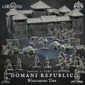 Może przedstawiać: Zestaw miniaturowych figurek i terenu do gier wojennych. Zestaw zawiera fortecę, żołnierzy, broń oblężniczą i figurki zwierząt. Tekst brzmi "DOMANI REPUBLIC" i "Wargaming Tier". Figurki są szare.