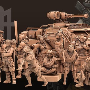 Puede incluir: Una colección de figuras en miniatura de resina color canela monocromática sin pintar que muestran varios personajes humanos con equipo táctico, frente a un gran vehículo militar blindado con torreta y el texto UNIT9 y JUNE RELEASE.