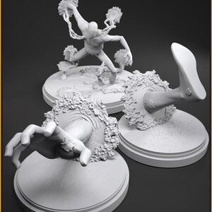 Könnte beinhalten: Ein Set aus 3D-gedruckten Miniaturen, darunter eine Figur mit mehreren Gliedmaßen und eine Hand, die aus einer strukturierten Basis ragt. Das Set enthält eine Figur in dynamischer Pose, einen Fuß und eine Hand. Der Text "VOID BOY 40MM" ist sichtbar.