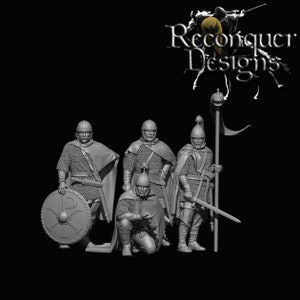 May include: A grayscale image featuring four medieval warrior figurines. The figures are dressed in chainmail armour, helmets, and capes. One figure holds a shield with a symbol, another kneels, and one holds a sword and a staff with a banner. The text "Reconquer Designs" is visible.