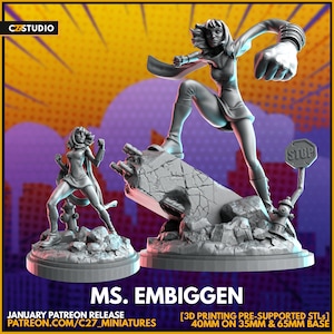 Op de afbeelding: Een 3D-geprint miniatuur van een superheldin, Ms. Embiggen, die op een gebroken betonnen blok staat. Ze draagt een rood-blauw kostuum met een cape en heeft een grote, uitgestoken hand. Het miniatuur is vooraf ondersteund en wordt geleverd in 40 mm op 35 mm en 65 mm bases. Januari Patreon-release. Patreon.com/c27_miniatures