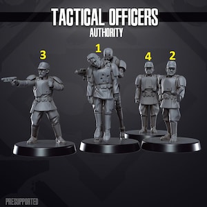 Può includere: Un gruppo di figure in miniatura grigie di Tactical Officers, con la parola "AUTHORITY" sopra. Una figura tiene una pistola, mentre un'altra è tenuta da un droide. Le figure sono su basi circolari nere.