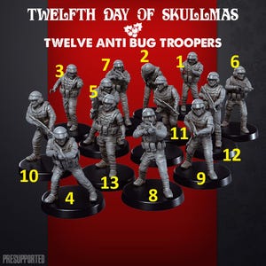 Op de afbeelding: Een verzameling van twaalf grijze Anti Bug Troopers beeldjes, elk op een zwarte basis. De beeldjes zijn genummerd van 1 tot en met 13, met enkele nummers die ontbreken. De tekst "TWELFTH DAY OF SKULLMAS" en "TWELVE ANTI BUG TROOPERS" staan bovenaan.