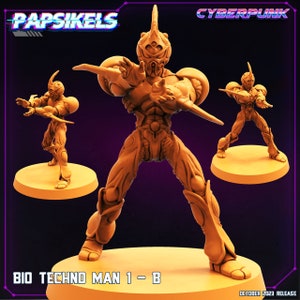 Op de afbeelding: Drie lichtbruine Bio Techno Man 1-8 beeldjes in een cyberpunk thema. De figuren staan in actieposes en staan op ronde bases. De tekst "Papsikels" en "Cyberpunk" staan bovenaan. De tekst "Bio Techno Man 1-8" staat onderaan.