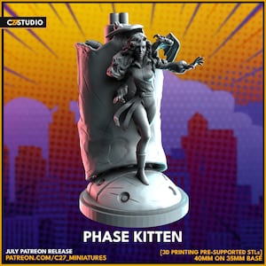 Puede incluir: Una figura gris impresa en 3D de un personaje femenino, de pie sobre una base circular. La figura lleva un atuendo ajustado y tiene el pelo largo. El texto "PHASE KITTEN" se muestra en la parte inferior, junto con otro texto.