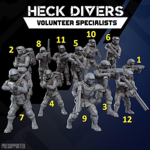 May include: A collection of twelve grey miniature soldier figurines labelled with yellow numbers, arranged in a tactical formation. The text HECK DIVERS VOLUNTEER SPECIALISTS is displayed at the top. Each figure wears tactical gear, helmets, and carries various rifles.