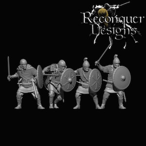 May include: Four gray plastic figurines of medieval warriors wearing chainmail armor and helmets. Each warrior holds a sword and shield with a Christian cross symbol. The figures are posed in a fighting stance.