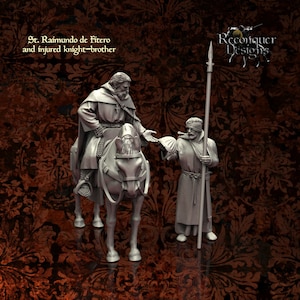 May include: A grayscale figurine of a mounted knight in armor, holding a hand out to a standing figure with a spear. The text "St. Raimundo de Fitero and injured knight-brother" is above the figures. The text "Reconquer Designs" is in the upper right corner.