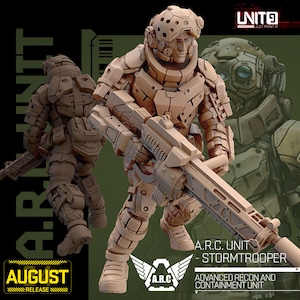 May include: A 3D printed miniature of a futuristic soldier wearing a detailed, brown and grey armoured suit. The soldier is holding a large, futuristic weapon. The miniature is part of the A.R.C. Unit - Stormtrooper collection. The text "A.R.C. UNIT - STORMTROOPER" and "ADVANCED RECON AND CONTAINMENT UNIT" is visible on the image.